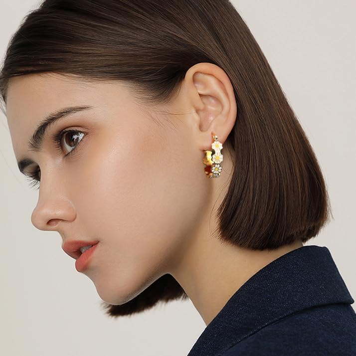 2 Pairs Small Daisy Flower Hoop Earrings for Women Gold-Toned Enamel Floral Cartilage Piercing Snap Back Hoops Earring Fashion Bridal Wedding Holiday Jewelrys - Image 2