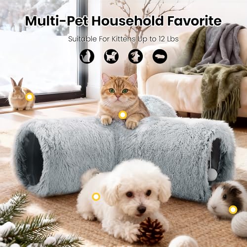 Image of Tempcore Plush Cat Tunnel for Indoor Cats, 3 Way Collapsible Pet Play Tunnel with Teaser Wand, Peek Holes & Hanging Ball, Interactive Tube for Kittens & Rabbits, Light Grey