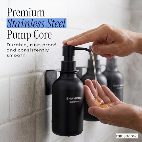 Image of Shampoo and Conditioner Dispenser Wall Mounted Set of 3 Black | 500 ml Shower Gel Dispenser Set of 3. Refillable Shampoo and Conditioner Bottles. Drill Free Secure Design. Black