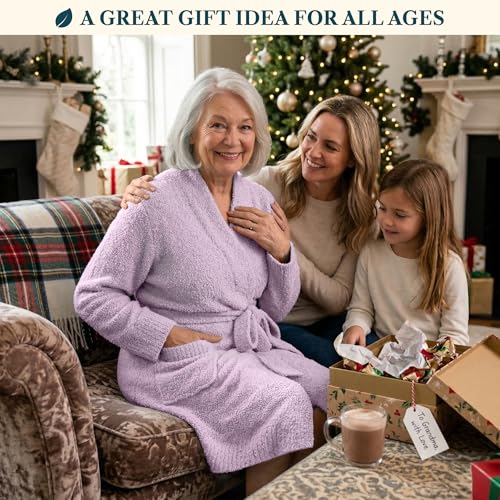 Image of PAVILIA Premium Plush Robe for Women, Soft Cozy Fuzzy Bathrobe with Pockets, Warm Mid-Length Lounge Robe with Tie Belt