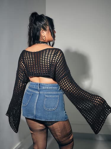 Floerns Women's Plus Size Boat Neck Long Sleeve Hollow Out Crochet Cropped Sweater2