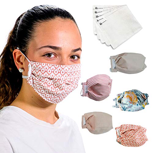 PINK GIRL PACK 5 MASCARILLAS FACIALES DE TELA LAVABLE REUTILIZABLE 2 CAPAS + BOLSILLO CON 5 FILTROS TELA HOMOLOGADOS INCLUIDOS. DOBLE AJUSTE ELASTICO CABEZA.