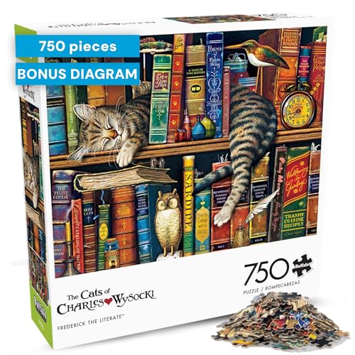 Rompecabezas de 750 piezas Buffalo Games - Frederick el Lector, escena de biblioteca con gato, piezas precisas, ajuste perfecto, cartón grueso, para adultos miniatura 1