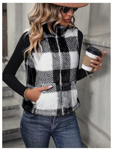 SOLY HUX Women's Plaid Fuzzy Vest Zip Up Sleeveless Mock Neck Fleece Jacket Warm Outerwear with Pockets3