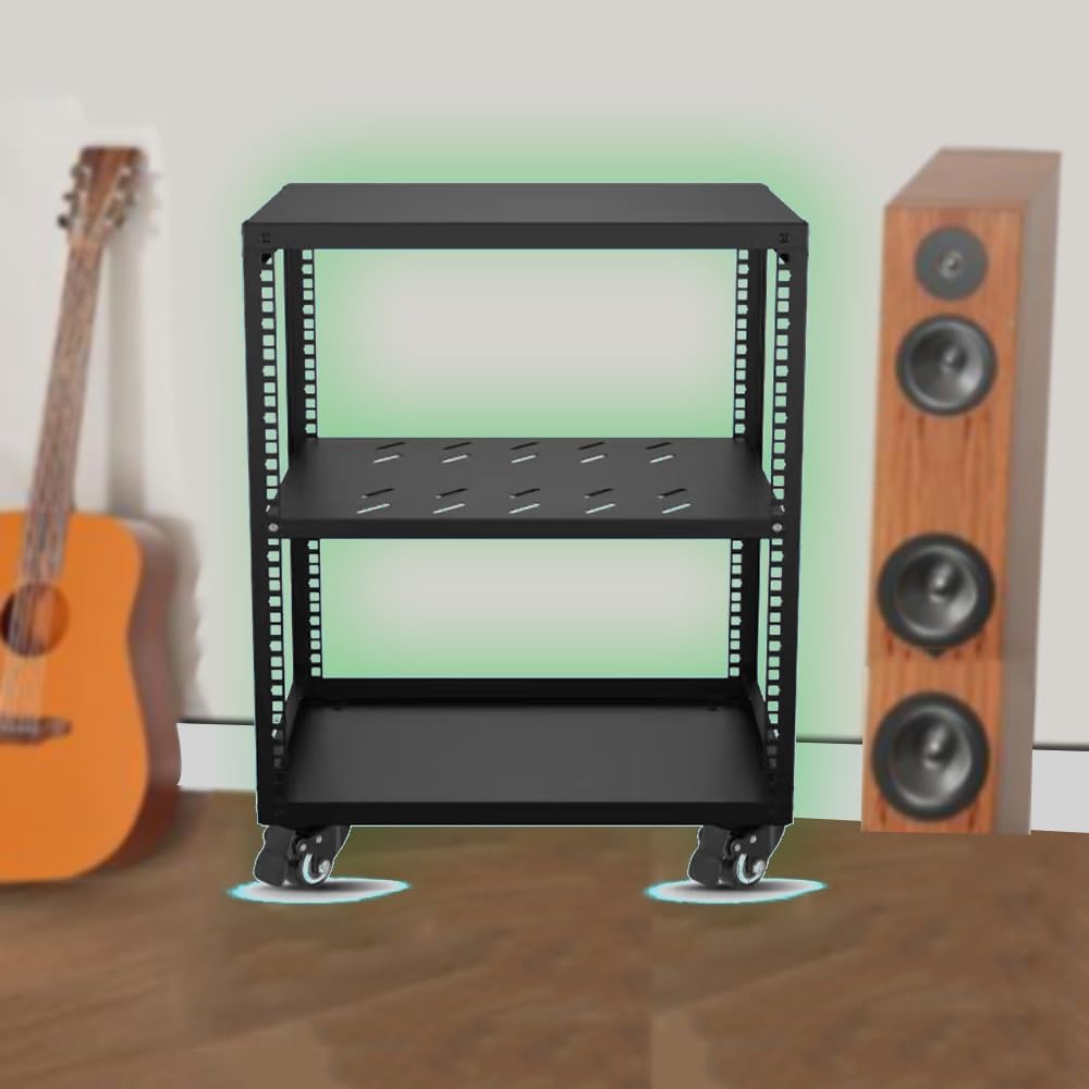 Support audio robuste avec roulettes – Support multimédia réglable en métal pour home cinéma et stockage HiFi 64 cm de hauteur – Étagère console noire parfaite pour le matériel audio et l'organisation