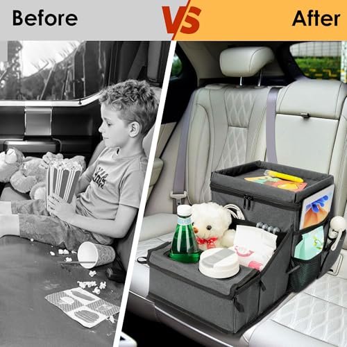 Image of Backseat Organizer for Kids & Adults - Car Seat Cooler Warmer with 2-in-1 Writing Tray, Cup Holders & 11 Storage Compartments | Road Trip Car Organizer for Front & Back Seat (Grey)