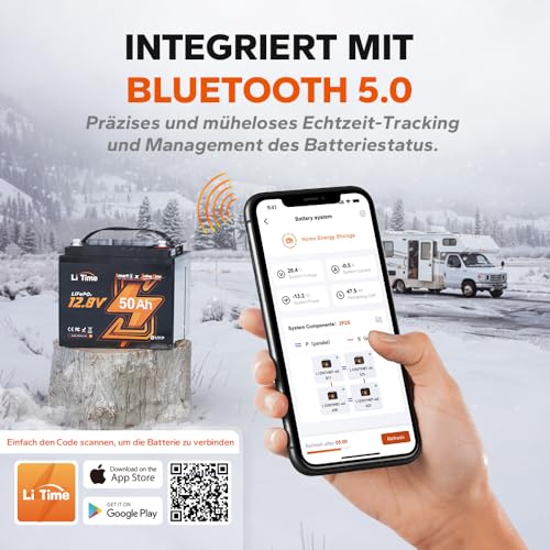 LiTime 12V 50Ah LiFePO4 Batterie Bluetooth für Trolling Motoren, mit 50A BMS Low-Temp Protection, Max. 15000 Zyklen 640Wh Lithium Akku Ideal für Yacht, Marine, Boot, RV, Fishing Finder