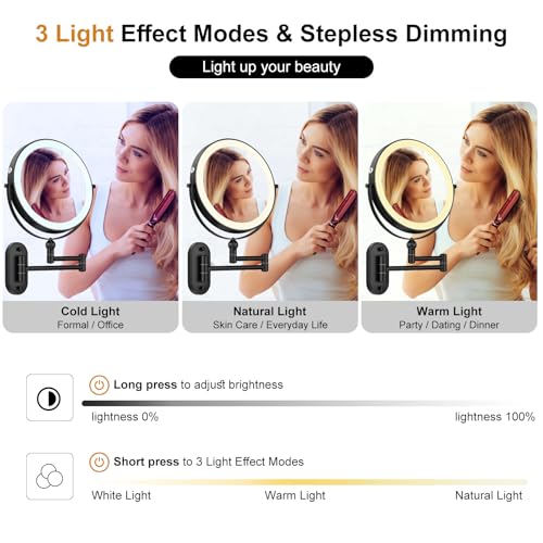 Imikona 9 Inch Wall Mounted Lighted Makeup Mirror,4000Mah Rechargeable Double Sided 1X/10X Magnifying Mirror With Light,3 Color Lights,Touch Dimmable,Extended Arm 360 Rotation Wall Mounted Makeup Mirror thumb #4