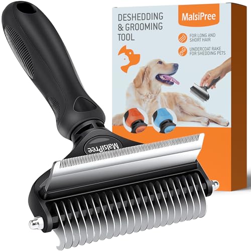 MalsiPree Dog Grooming Brush for Shedding – 2 in 1 Deshedding Tool and Undercoat Rake for Long and Short Haired Dogs with Double Coat – Dematting Comb and Pet Hair Deshedder Supplies (Large, Black)