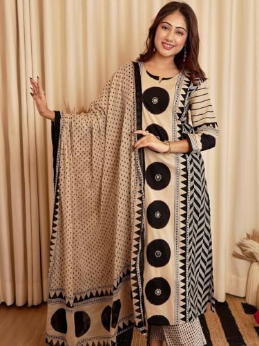 Image of krisjan|Women's Pure Cotton Printed with Handwork Kurta with Pants and Dupatta Set | Ethnic Set | Suit Set | Kurta Set | Wedding Suit Set