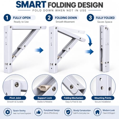 Image of Compal 20 Inch Folding Shelf Brackets for Wall Mounted Table, Heavy Duty Metal Foldable Bracket Pair for Study Table, Laptop Desk, Work Table & Shelf, Space Saving 90 Locking Support, White