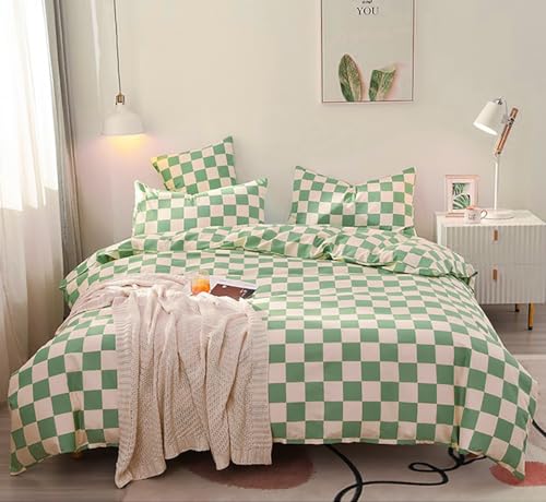 Image of KAREVER Green White Grid Comforter Set King Sage Green Plaid Bedding Set Women Light Green White Checkered Bed Set Breathable Blanket Set Men Durable Bedding Comforter Set