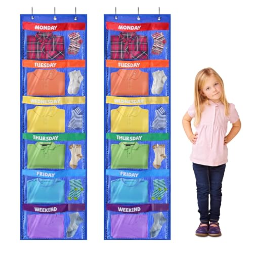 2-Pcs-59-x-177-Weekly-Clothes-Organizer-for-Kids-with-12-Pockets-Blue 2 Pcs 59" x 17.7" Weekly Clothes Organizer for Kids with 12 Pockets, Blue - Image 1
