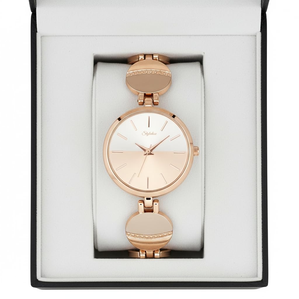 styledose Women’s Elegant Silver-Tone Bangle Watch Women Analogue Wrist Watches for Women's & Girls&Ladies Diamond Studded Rosegold Stylish Bracelet Strap (Rose Gold) 2