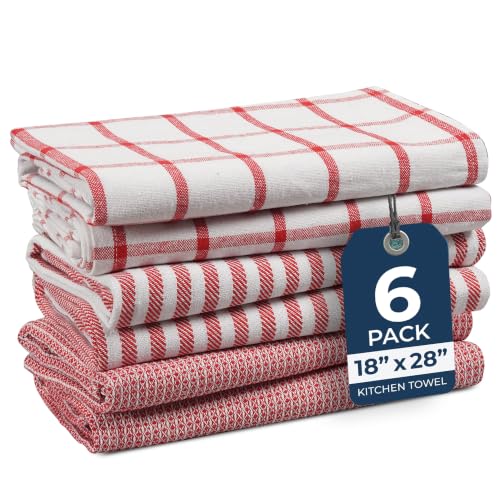 LANE LINEN 100% Cotton Kitchen Towels Set, 6-Pack – Premium, Absorbent, Quick-Drying Dish Towels, Tea Towels, 18" x 28" - Red