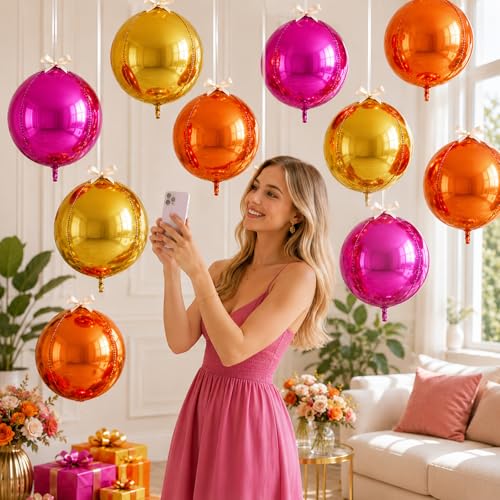 Image of 9 Pcs Pink Orange Gold Round Foil Balloons 22 In Metallic Hot Pink Gold Orange Chrome 4D Ball Balloon Mylar for Tropical Fiesta Summer Birthday Baby Shower Anniversary Sunset Disco Party Decor