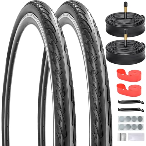 AKOSONE 700x32C/35C/38C Foldable Road Bike Tires and Inner Tubes 2-Pack Schrader Valve 48mm with Repair Kit Rim Strip Tire Levers for Road Bicycle (Black 700x38C/SV)