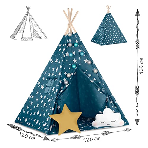 Nukido Tenda Per Bambini Tipi In Cotone, Struttura In Legno, Design Incantevole, Facile Da Pulire, 120 X 120 X 165 Cm, Luci Blu, 740121 - 8