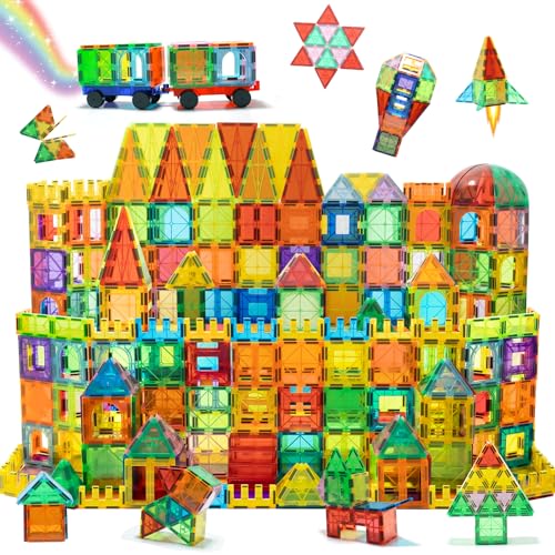 EchoPlan Magnetic Tiles, 130PCS Magnetic Blocks with 2 Cars, Magnet Tiles 3D Clear Building Blocks Set, STEM Sensory Educational Toys Gift for Toddlers Kids Boys 3 4 5 6 7 8 9+ Year Old