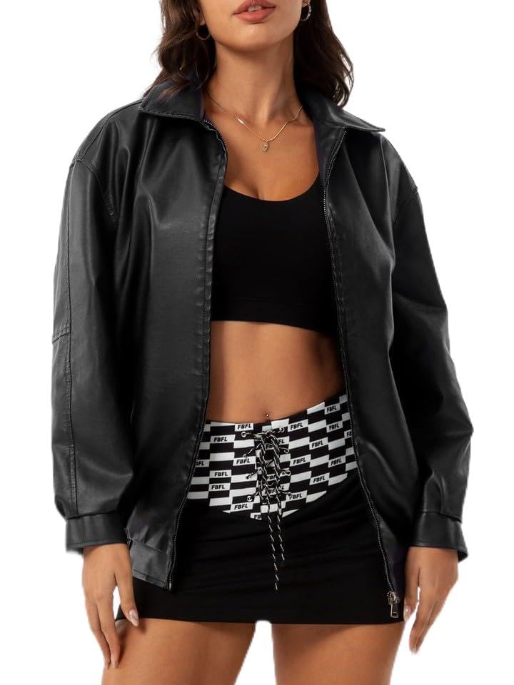 Veste en similicuir femme noir coupe ample décontractée taille S avec fermeture éclair