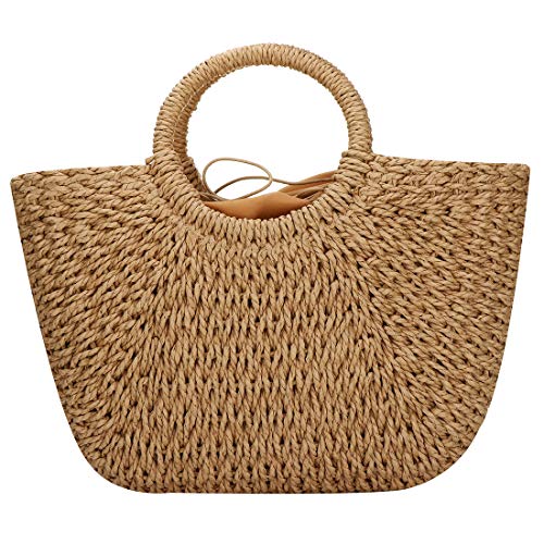 Image of YYW Straw Bags for Women,Hand-woven Straw Large Bag Round Handle Ring Tote Retro Summer Beach Rattan bag