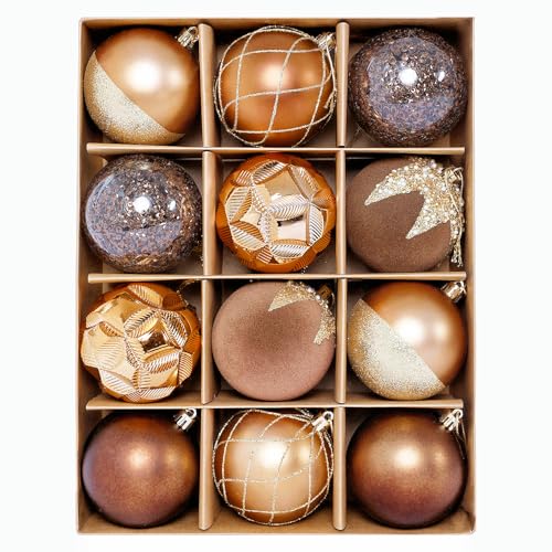 HipTree Christmas Tree Ornaments Decorations Set-12ct 2.36 Inch Copper Gold Velvet Ornaments for Christmas Tree Shatterproof Hanging Ball Ornament Bulk,Xmas Tree Tabletop Decorations for Holiday Decor