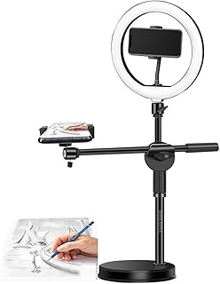 BROLAVIYA Overhead Video Floor Stand with 10-inch Ring Light, Metal arm, 1/4" Ball Head for Camera, Webcam, Gopro with Mobile Bracket for YouTube, Desktop, Bedroom, Office.