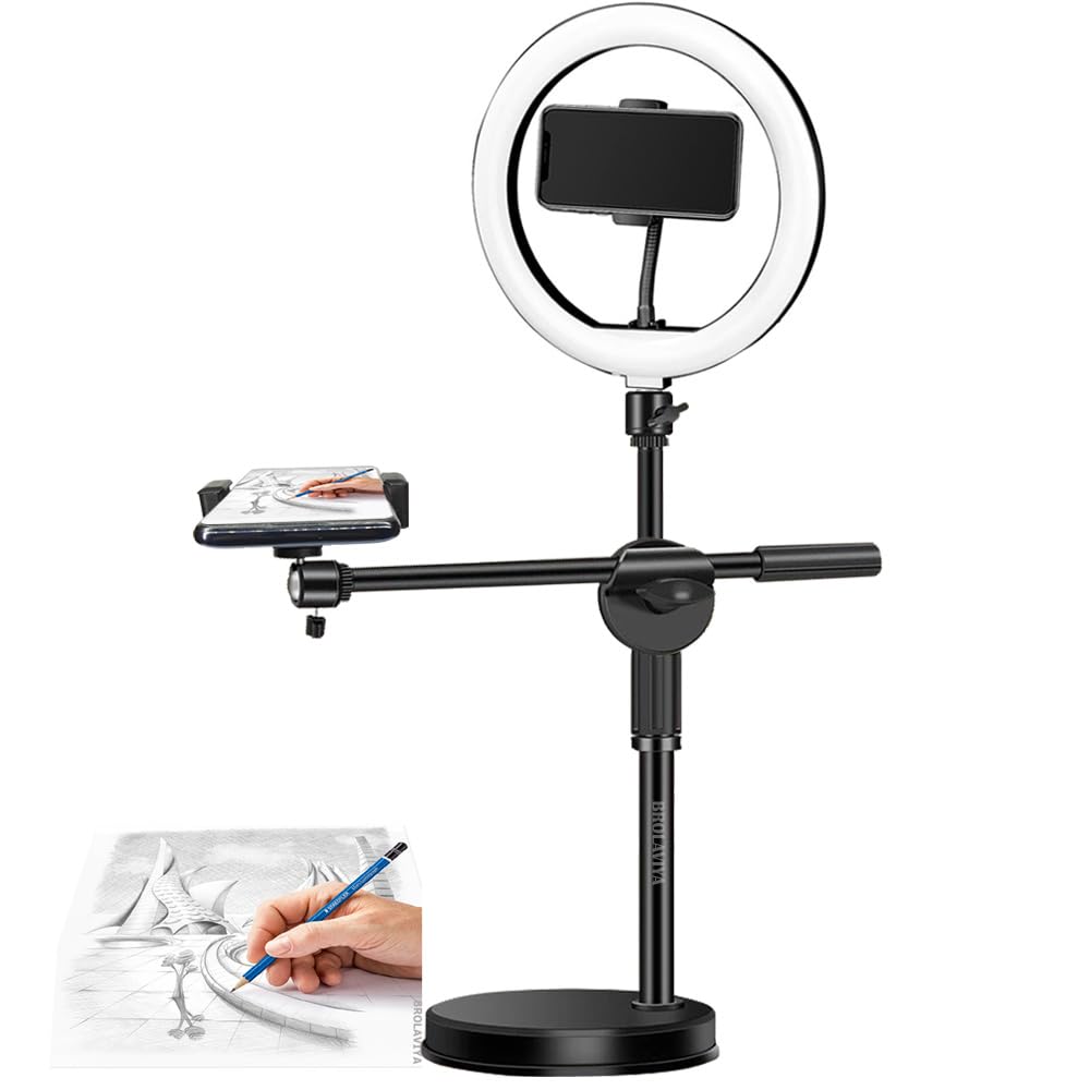 BROLAVIYA Overhead Video Floor Stand with 10-inch Ring Light, Metal arm,1/4" Ball Head for Camera,Webcam,Gopro, with Mobile Bracket for YouTube, Desktop, Bedroom, Office.-image-18