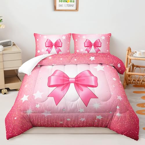 Image of AILONEN Aesthetic Bowknot Comforter Queen 3-Piece Elegant Glittery Bedding Ultra Soft Down Alternative Master Bedroom Decor Vibrant Pastel Starry Quilt Includes 2 Cases