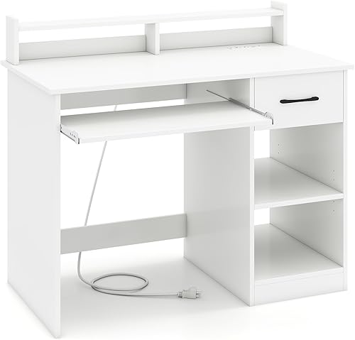 Miniatura 19 de Escritorio para computadora con cajones, mesa de estudio con estantes de almacenamiento, bandeja para teclado, mesa de tocador de maquillaje de