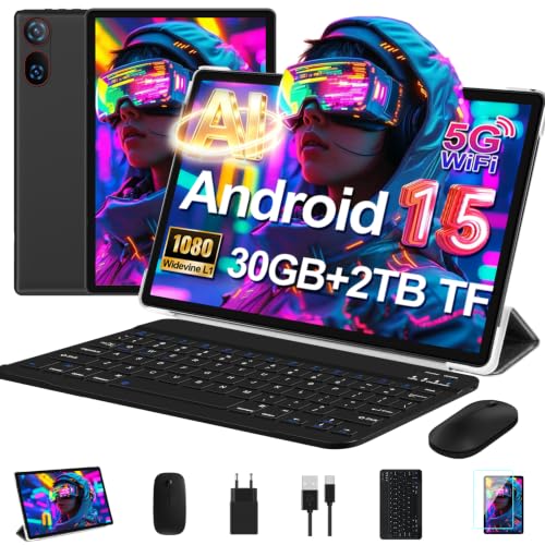 DMOAO Tablet 10 Zoll Android 15 mit Tastatur, Gemini AI, 30GB RAM + 64GB ROM (2TB Erweiterung), 5G WLAN, Widevine L1, Octa-Core, GPS… – Ansicht 1