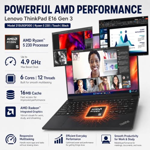 Image of Lenovo ThinkPad E16 16 WUXGA Laptop Computer, 32GB DDR5 RAM, 1TB PCIe SSD, AMD Ryzen 5 230 6-Core Processor (Beat i7-1355U), WiFi 6E, Backlit KB, Fingerprint, Numeric Keypad, Win 11 Pro, Black