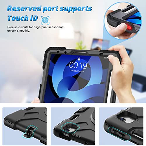 Supfives Case For Ipad Air 5Th Generation 10.9 Inch 2022 : Military Grade Heavy Duty Silicone Protective Cover For Ipad Air 4Th Gen With Pencil Holder + Rotating Stand + Handle + Shoulder Strap(Black) #TOP4