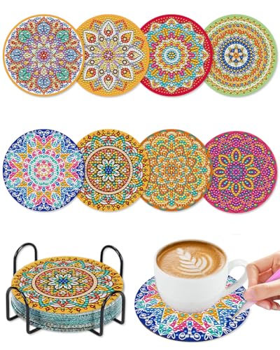CULEB 8 peças Porta-copos de pintura de diamantes com suporte, DIY base de copos de diamantes, base de copos de arte de diamantes com mandala, copos antiderrapantes, artesanato adulto para adultos e
