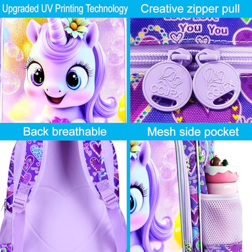 Image of CCJPX 3Pcs Unicorn Backpack, 16 inch Kids Girls Bookbag with Lunch Box, Water Resistant Elementary School Bag for Kindergarten Preschool Toddler (Purple)