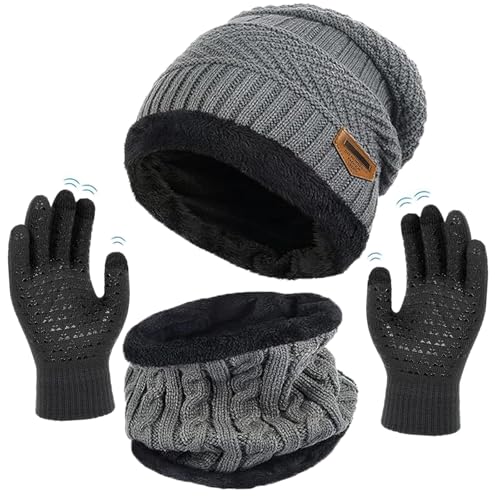 XILEPINGAN Conjunto Gorro Bufanda Guantes Táctiles para unisex, Set de Bufanda y Guantes Invierno, Conjunto Bufand y Gorro y Guanes, con forro polar (Gris)