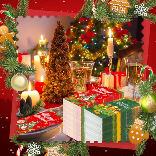 Cholemy 100 Pcs Christmas Napkins Paper 3 Ply Red Green Disposable Paper Hand Towel Christmas Guest Towels Hand Napkins Towels for Xmas Bathroom Kitchen Room Party Supplies 3.9 x 7.9 Inch – Image 6