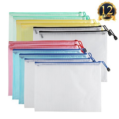 SUBANG 12 Packs New Design Zipper File Bags in A4 Sizes, File Holders with Grid Travel Pouch,6 Assorted Colors