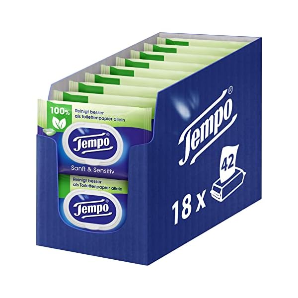 Tempo Toilettenpapier feucht Tempo feuchtes Toilettenpapier sanftundsensitiv Trio-Pack (18 Packungen x je 42 Blatt… – Bild 3