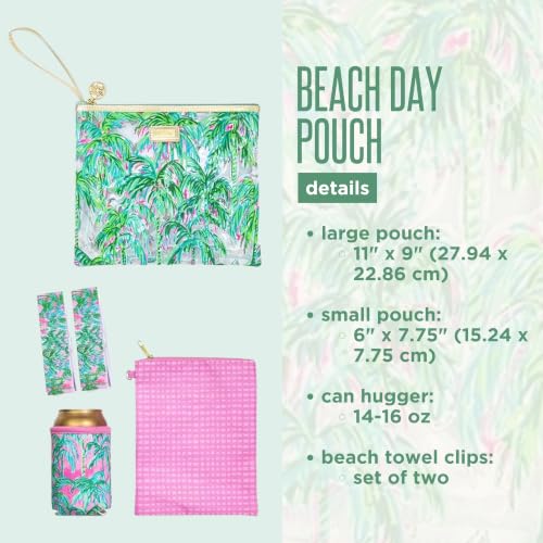 Image of Lilly Pulitzer Water Resistant Vinyl Beach Day Pouch, Zipper Bag Includes Drink Hugger, Small Pouch, and Towel Clips, Suite Views, One Size, Beach Day Pouch