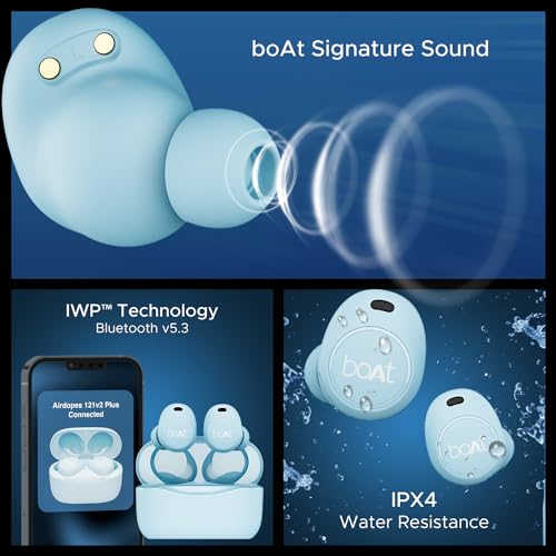 Image of boAt Airdopes 121 V2 Plus Truly Wireless in Ear Ear Buds w / 50 HRS Playtime,Quad Mics w /ENx Tech,ASAP Charging, Beast Mode(50ms Low Latency),BTv5.3 & IPX4(Marine Blue)