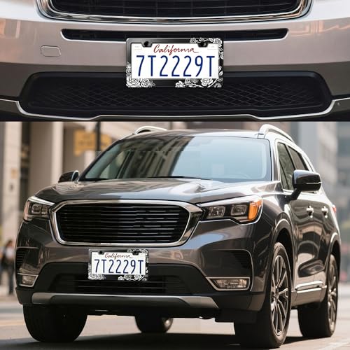 Image of License Plate Frame, Flower Aluminum Universal Car Plate Holder | Universal Aluminum Black Car License Plate Cover with Screws for Women Men