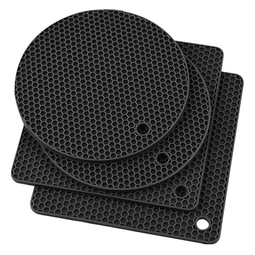 Topfuntersetzer Hitzebeständig, 4er Set Topflappen Silikon, Untersetzer Topf rutschfest Spülmaschinenfest, Silikonunterlage mit Wabenmuster für Töpfe Pfannen Teekannen Küche (Schwarz, Rund/Eckig) Topfuntersetzer Hitzebeständig, 4er Set Topflappen Silikon, Untersetzer Topf rutschfest Spülmaschinenfest, Silikonunterlage mit Wabenmuster für Töpfe Pfannen Teekannen Küche (Schwarz, Rund/Eckig)