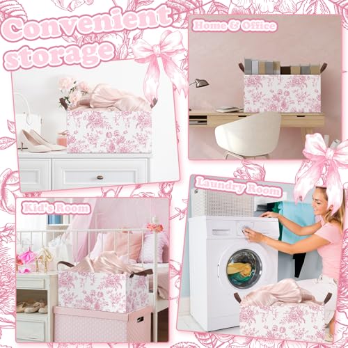 Boao Foldable Storage Baskets Dinosaur Easter Rabbit Classical Flowers Bow Laundry Basket with Handles Waterproof Storage Bins Fabric Shelf Baskets(15 x 11 x 8 Inches,Pink Flower,3 Pcs) by Boao - Image 5