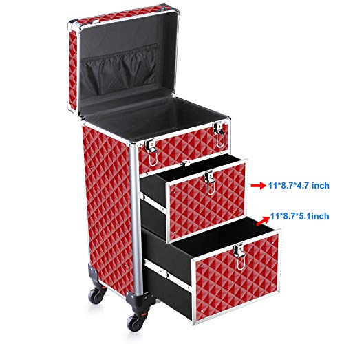 OUDMAY by Amazon - Makeup Case - Professional Rolling Artist Cosmetic Beauty Storage Organizer With 2 Large Locks and Drawer Crystal Red