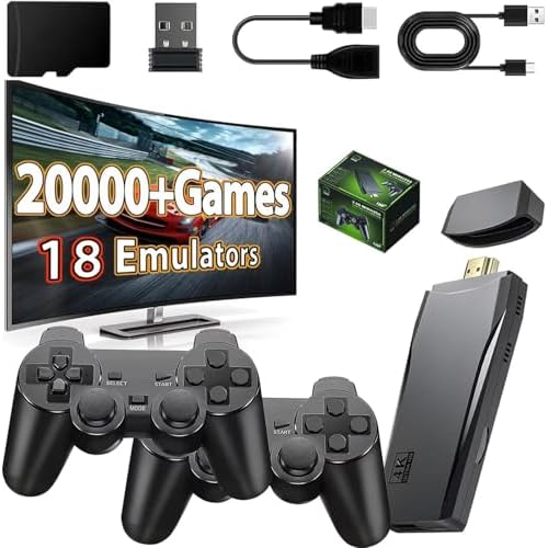 Wireless Retro Game Console Stick, Nostalgia Gaming Stick, Plug & Play TV Video Gaming Stick with 20000+ Games Built-in, 18 Retro Emulators, 4K HDMI Output, 2 2.4G Wireless Controllers (63GB)