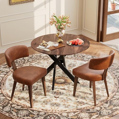 Image of Wood Dining Table Set for 2, 36 inch Round Kitchen Table with 2 Faux Leather Dining Chairs, MDF Tabletop with Metal Legs, Ergonomic Dining Chair with Metal Legs(Woodgrain Table with Brown Chairs)