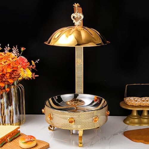 Gold Buffet Server Warmer, 6L Vassoio in Acciaio Inossidabile con Coperchio, riscaldatore per Alimenti per Banchetti Party Hotel Restaurant, Elegante Set di Piatti da Tavolo