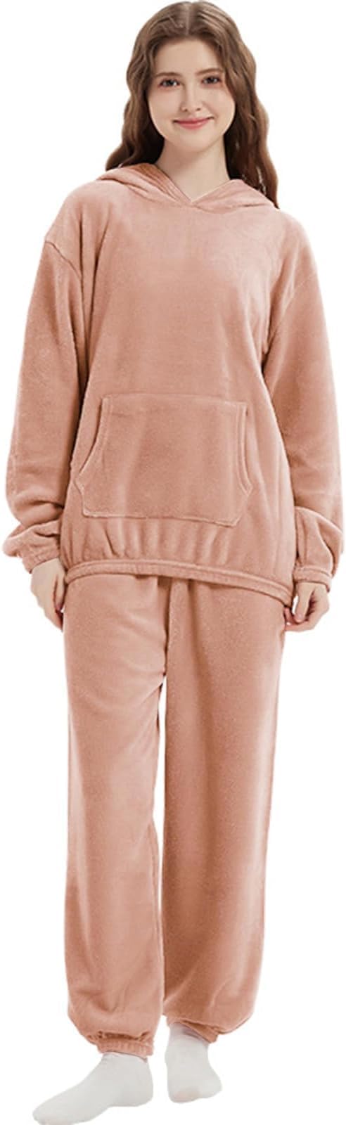 Hooded Fluffy Pajama Set for Women Soft Comfy Fleece Pullover Pants Loose Plush Sleepwear Fuzzy Loungewear for Winter