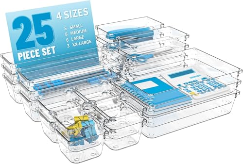 Premify 25 Pcs Clear Plastic Drawer Organizers 4 Size Large Storage Organizer Divider Trays for Kitchen Bathroom Makeup Fridge Organiser Bedroom Office Utensils Jewelries